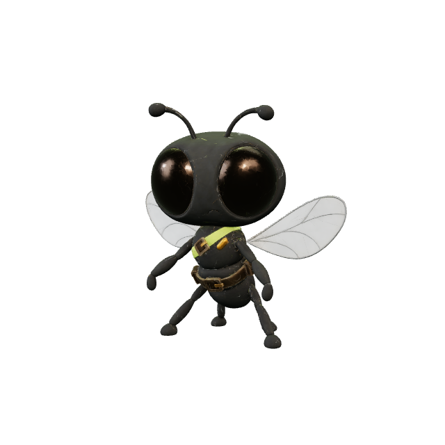 The Fly, a stylized graphite and lime laboratory mascot with two open glossy eyes and stylized wings